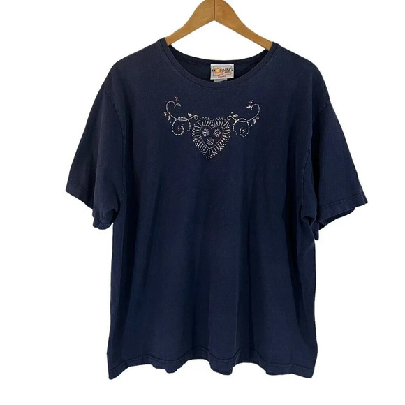 Morning Sun Rhinestone Top Plus 3X Heart Flower Swirls 100% Cotton Navy Silver - Picture 1 of 6